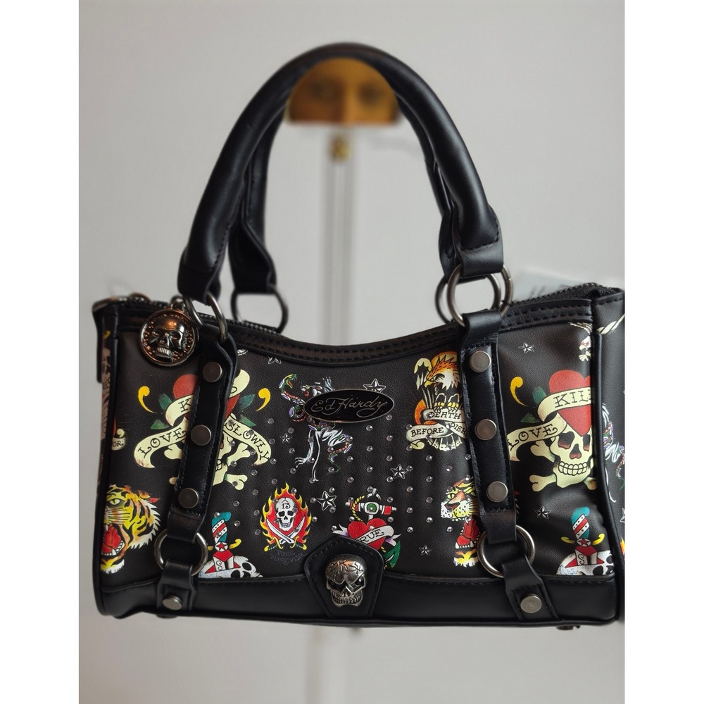 Ed Hardy Black Tattoo Satchel Purse Christian Audigier Vegan Leather EHH702